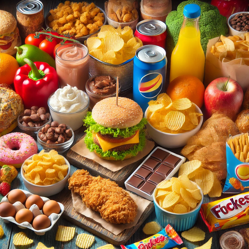 Overhead spread of fast food including burger, fried chicken, donuts, chips, soda cans, and various snacks