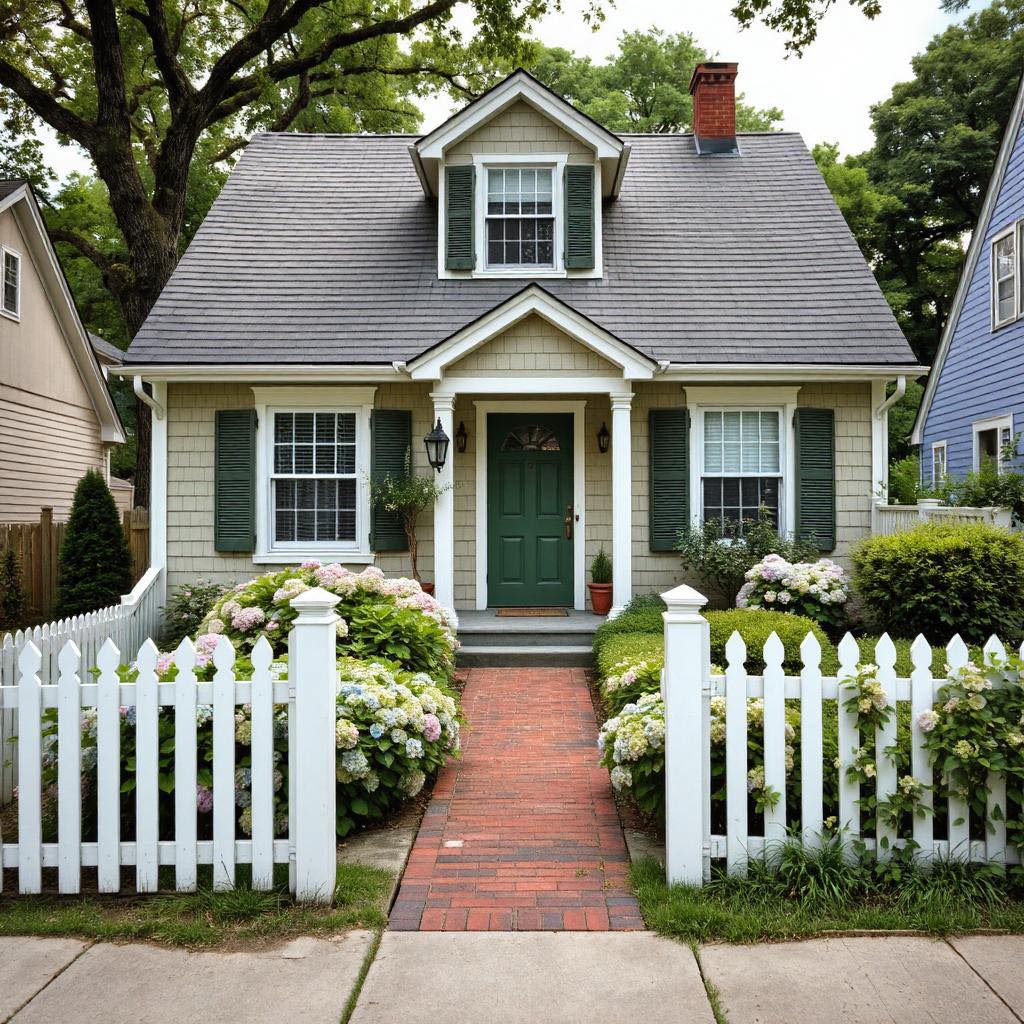Small gray cottage with white picket fence and brick pathway leading to green front door