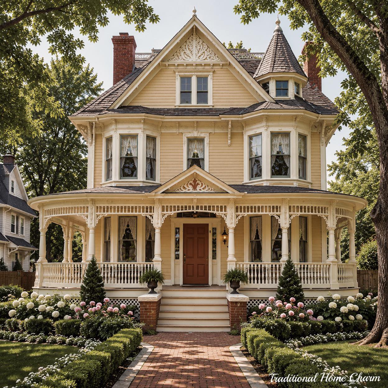 Yellow Victorian house with white porch, turret, and landscaped front garden