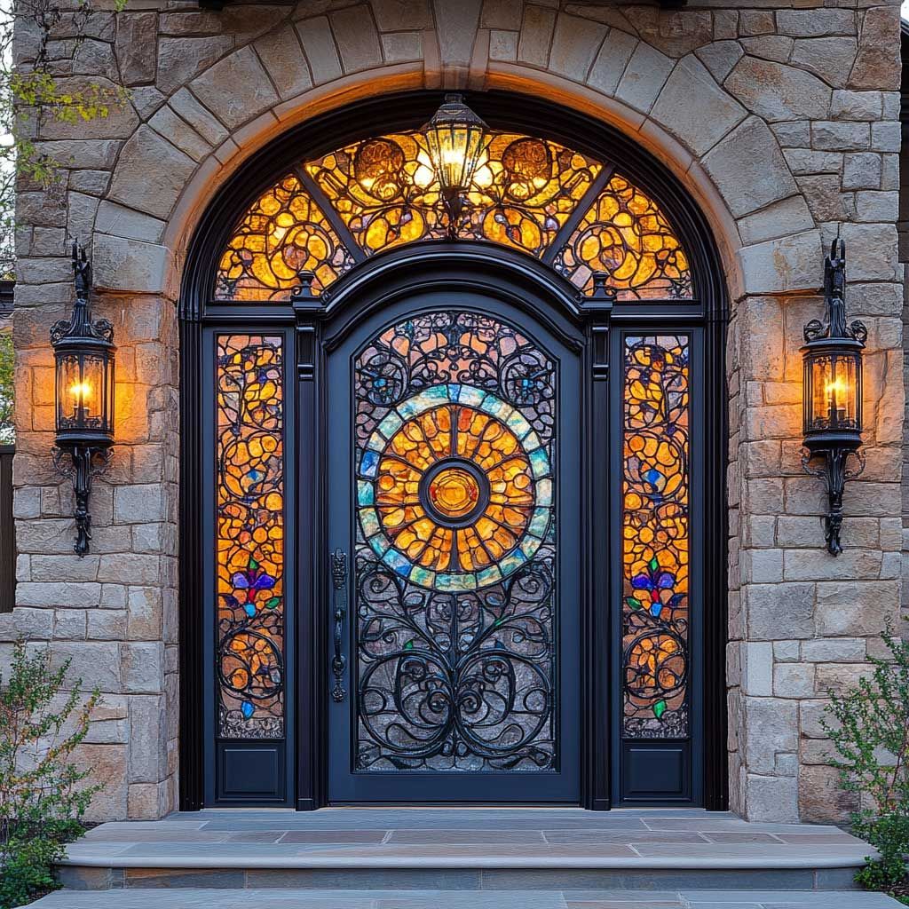Ornate stained glass front door with wrought iron and stone arch