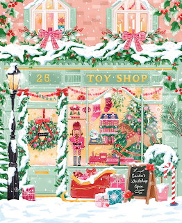 Illustrated snowy Christmas toy shop storefront with holiday decorations, nutcracker, wreath, and gifts