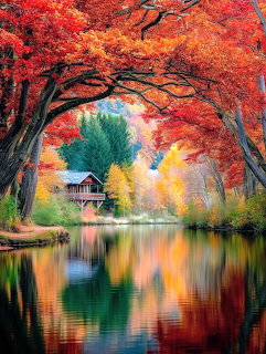 Red autumn trees over a reflective lake with a small house in the distance