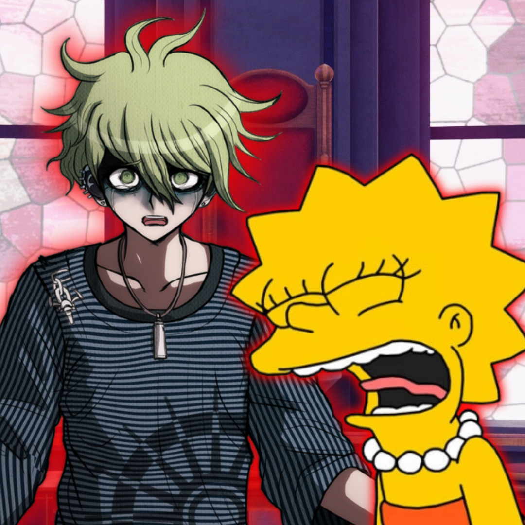Anime character with blonde spiky hair next to Lisa Simpson cartoon character indoors