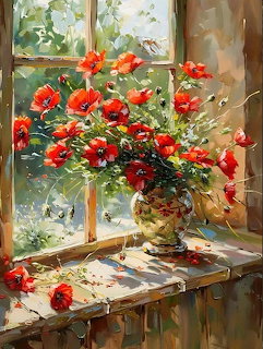 Oil painting of red poppies in vase on sunny windowsill with wooden frame and dappled light