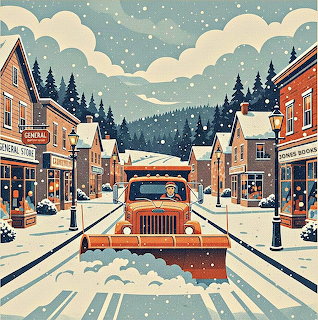Illustration of a snowplow truck driving down a snowy village main street lined with shops