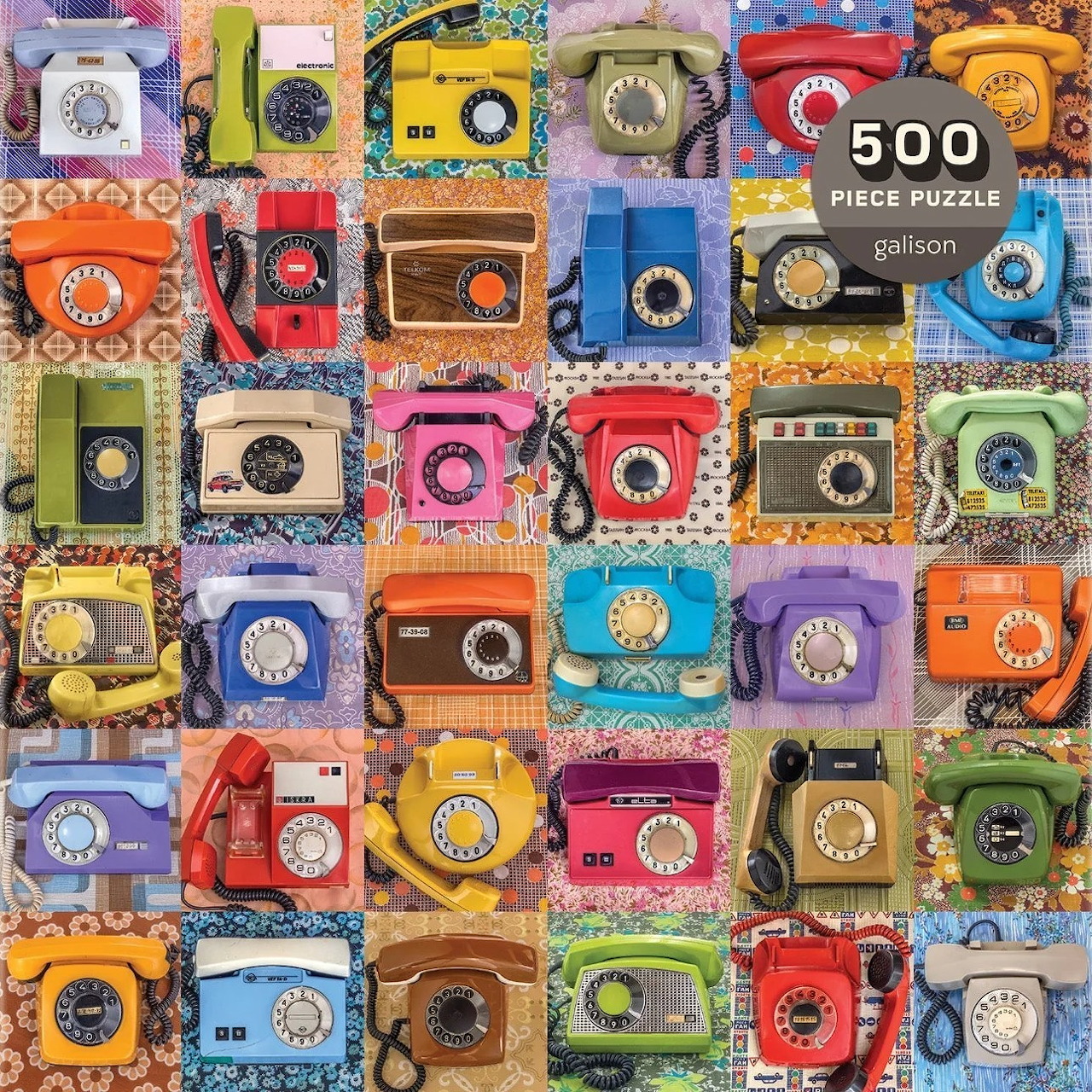 Collage of vintage rotary dial telephones in various bright colors arranged in a grid pattern