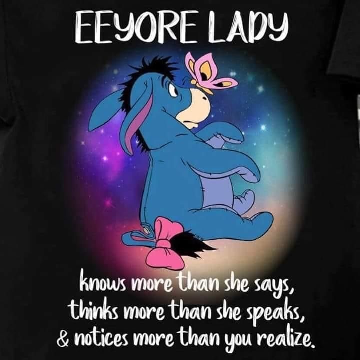Eeyore illustration with a butterfly and white quote text on a dark glowing background
