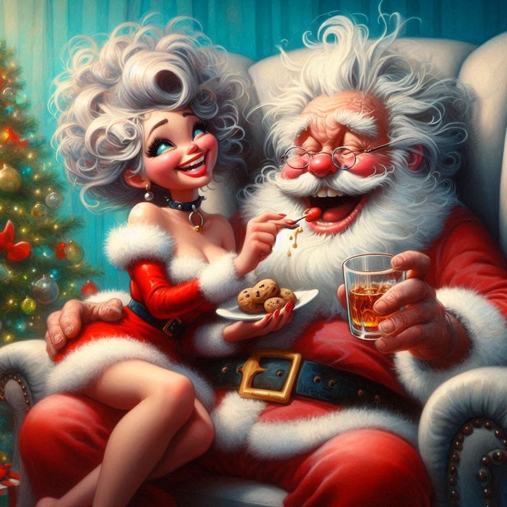 3D rendered Santa and Mrs. Claus with cookies and milk, Christmas tree in background