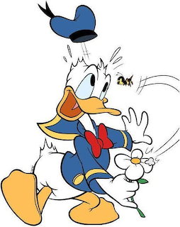 Donald Duck reacting in surprise as Daisy Duck gives him a kiss, cartoon illustration with hearts