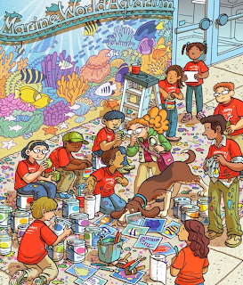 Group of children painting a vibrant ocean mural with fish, coral, and sea creatures on a wall