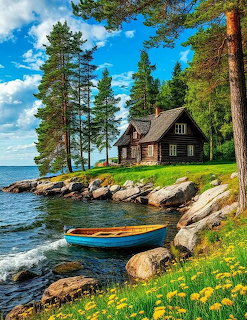 Wooden cabin by lake with pine trees, rowboat on rocky shore, and yellow flowers under blue sky with clouds