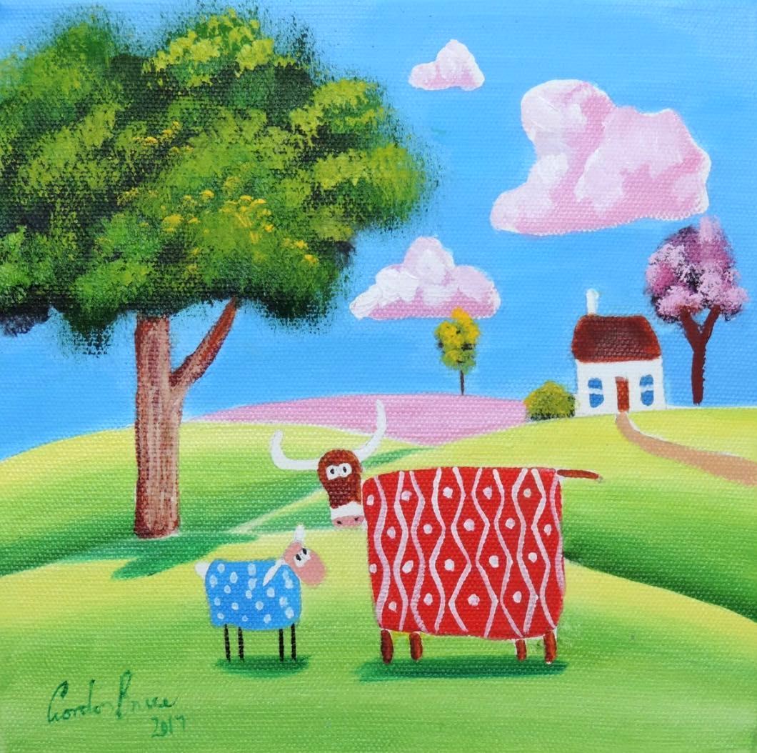 Folk art painting of decorative farm animals on green hills with cottage and tree under blue sky