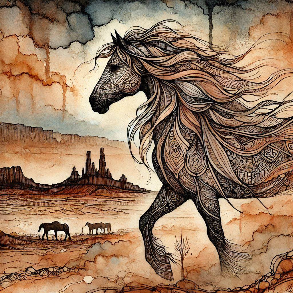 Stylized horse with flowing mane in desert scene with rock formations and smaller horses in background