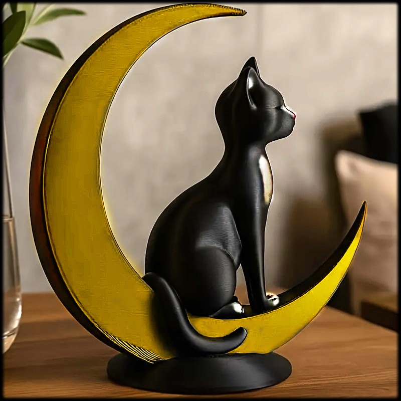 Black cat figurine perched on golden crescent moon statue