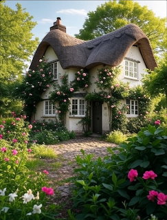 Quaint thatched cottage with climbing roses and colorful garden flowers along cobblestone path