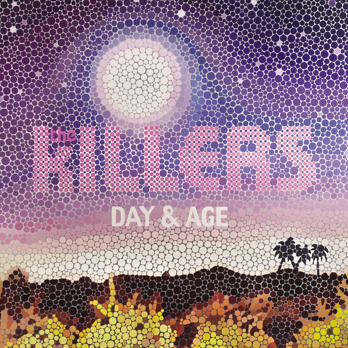 The Killers Day & Age album cover with pointillist desert landscape and purple gradient sky