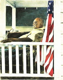 Painting of an elderly man seated on a porch next to an American flag