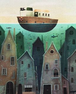 Surreal illustration of a boat on the surface with old buildings submerged underwater and fish swimming around