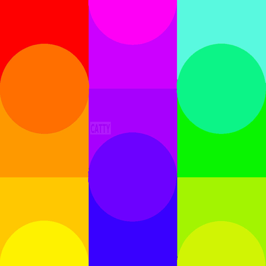 Grid of bright colored squares with overlapping translucent circles in red, purple, blue, cyan, green, and yellow tones