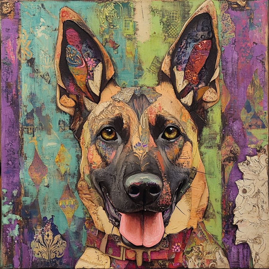 Artistic portrait of German Shepherd with colorful abstract painted background