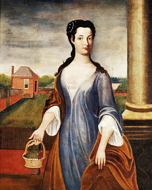 Colonial portrait of Ann Byrd Carter, 1735, woman in blue dress holding a basket with a house in background