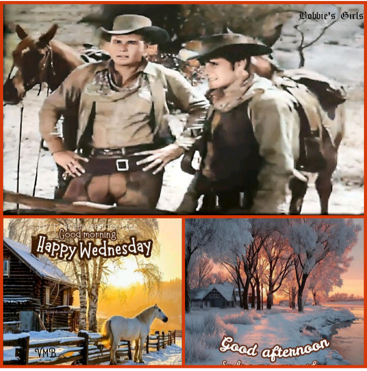 Collage of two cowboys with horses and two snowy cabin scenes with greeting text