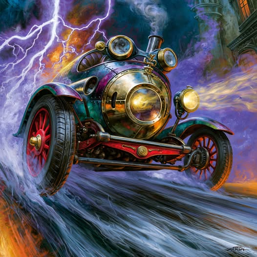 Colorful steampunk racing car with a locomotive front driving through a storm with lightning