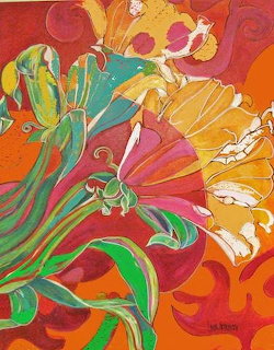 Abstract floral painting with bold orange and yellow flowers on colorful background