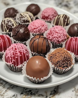 Assorted chocolate bonbons and truffles with pink and brown decorations arranged on a white plate