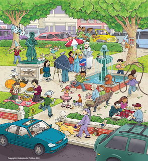 Illustrated busy town park scene with children, adults, animals, cars, fountain, and statue