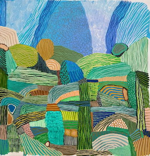 Abstract artwork with curved geometric shapes in blue, green, and gold with horizontal line patterns