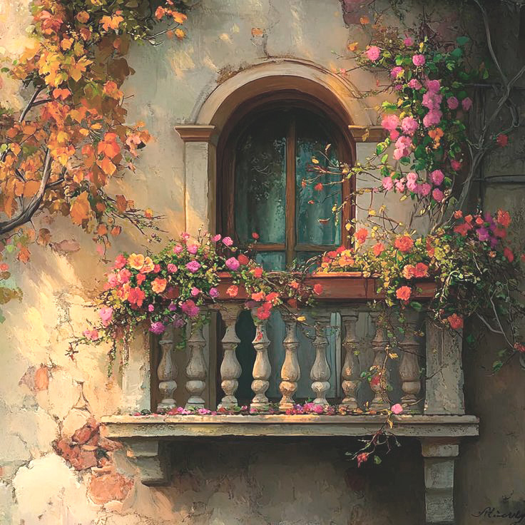 Flower-Covered Balcony Window