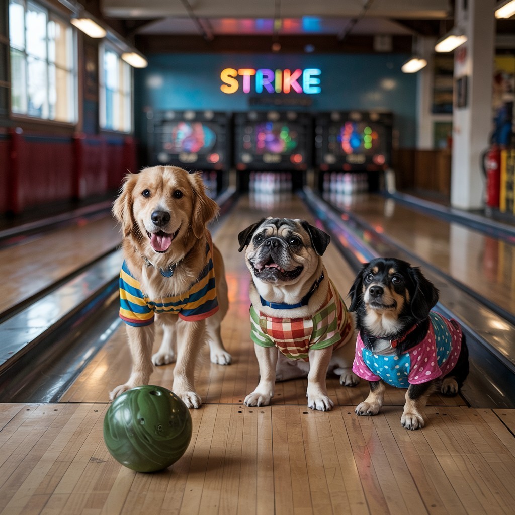 Three dogs in bandanas sitting on bowling lane with bowling ball