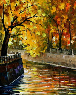 Impressionist painting of autumn canal with boats, golden trees and reflections in warm orange and yellow tones