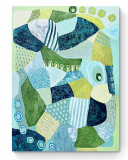 Abstract patchwork artwork with blue, green, and yellow geometric patches in various patterns