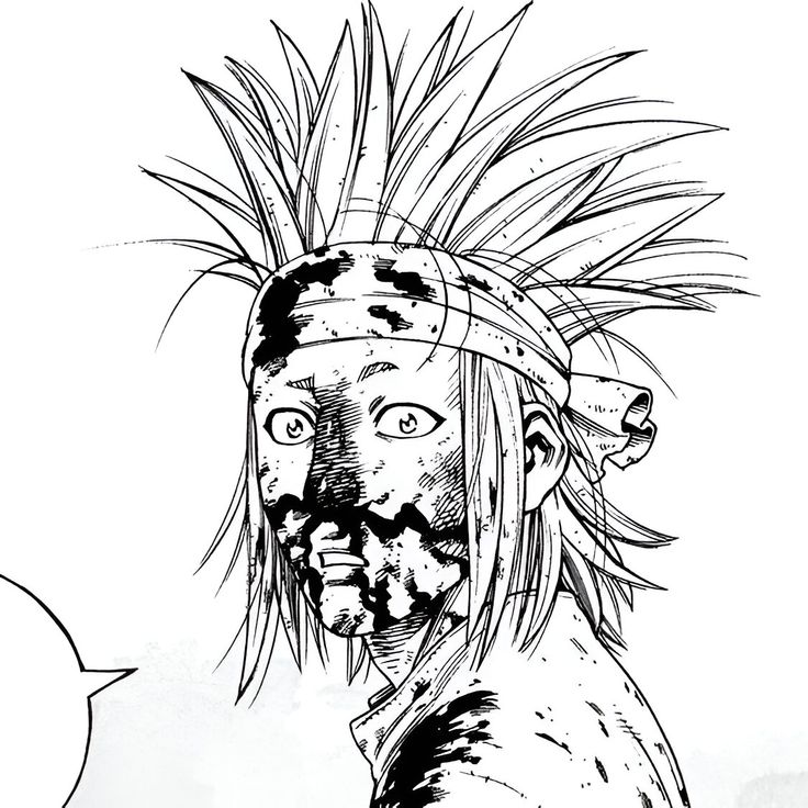 Black-and-white manga drawing of a spiky-haired character with dark markings on the face