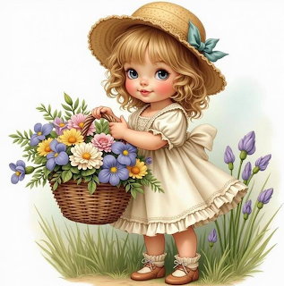 Illustrated girl in straw hat holding basket of flowers in meadow