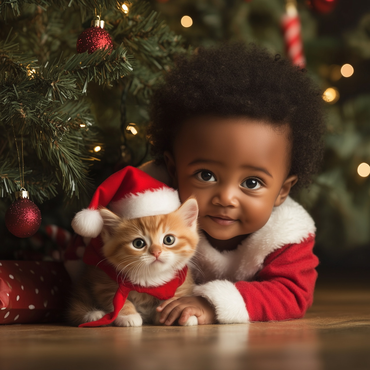 Toddler in red Santa suit holding orange kitten beside Christmas tree