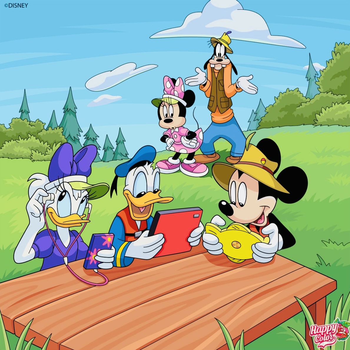 Disney characters Mickey, Minnie, Donald, Daisy and Goofy having a picnic outdoors