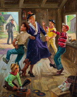 Vintage painting of a woman dancing with boys in a barn while a girl operates a phonograph