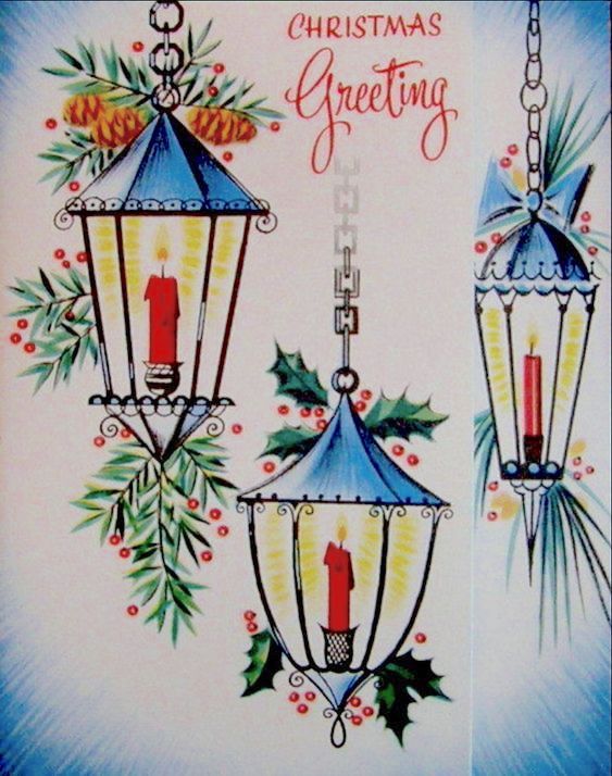 Vintage Christmas card with three hanging lanterns containing red candles, decorated with holly and pine branches