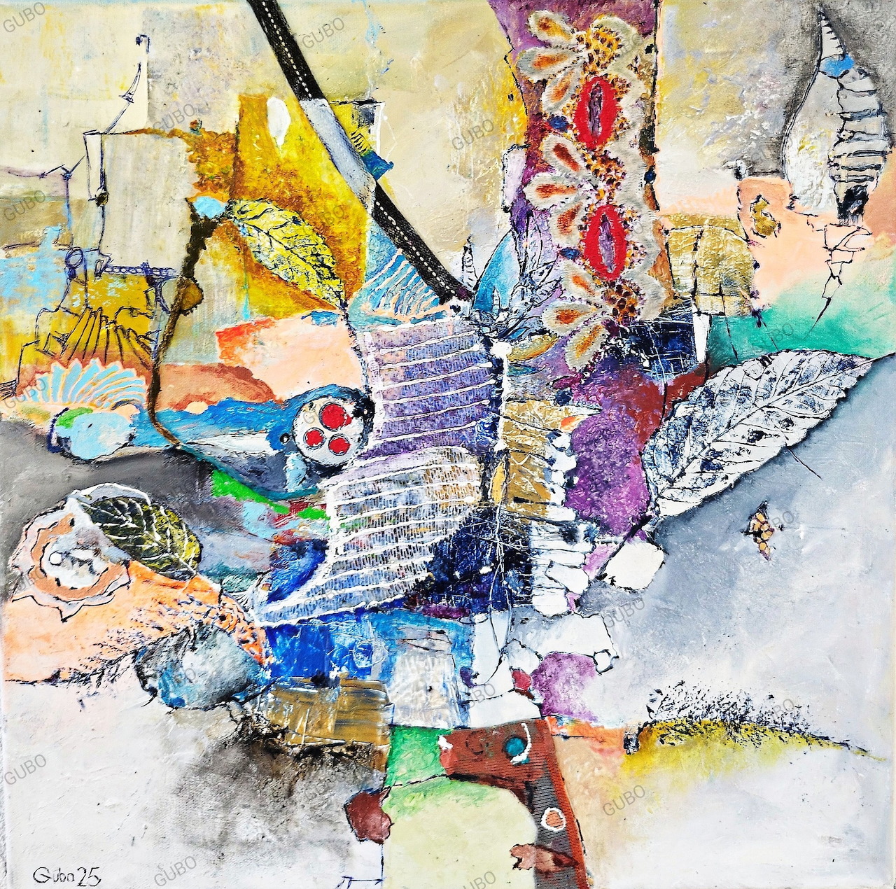 Abstract mixed media collage with colorful layered textures, torn paper, and paint splatters