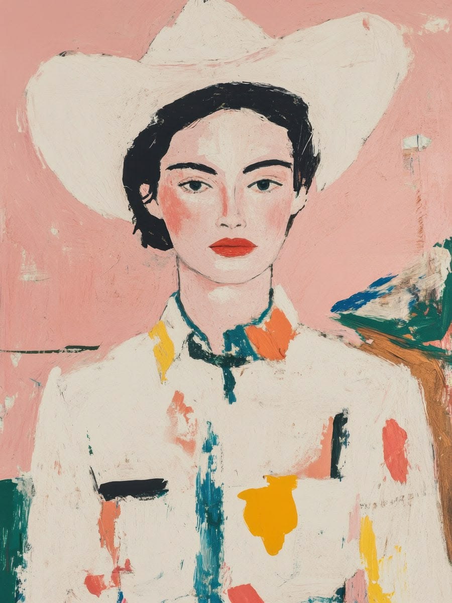 Portrait painting of woman in white cowboy hat and colorful western attire