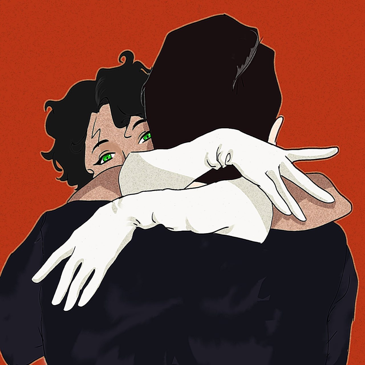 Illustration of two people embracing, with a face peeking over a shoulder on an orange background