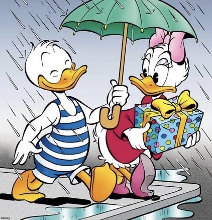 Donald Duck and Daisy Duck walking in the rain under an umbrella, Daisy holding a gift box