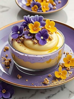 Layered dessert in jar with yellow cream topping, decorated with purple and yellow edible flowers