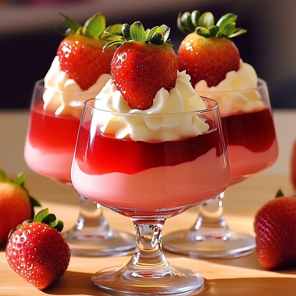 Layered strawberry and cream desserts in glass cups topped with fresh strawberries
