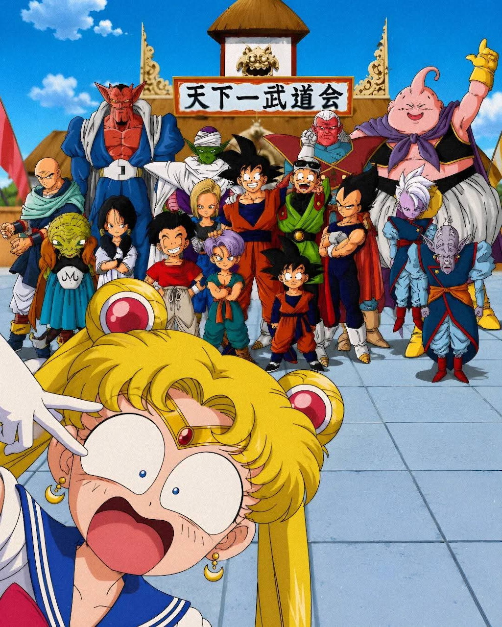 Dragon Ball anime characters group portrait with Goku, Vegeta, and other fighters in front of tournament arena