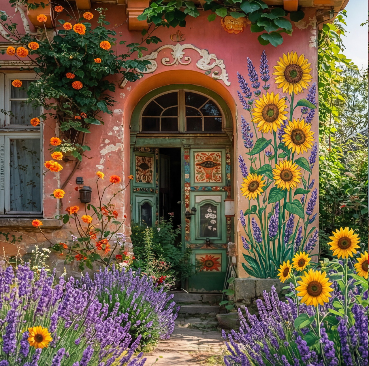 Arched doorway adorned with painted flowers, surrounded by lavender and sunflowers in a cottage garden