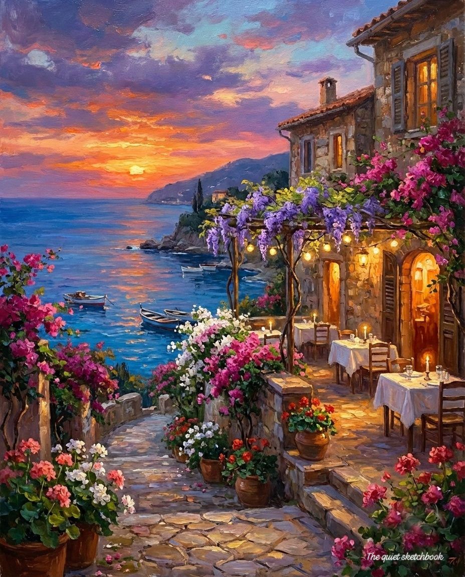 Sunset view of Mediterranean terrace with flowers and sea